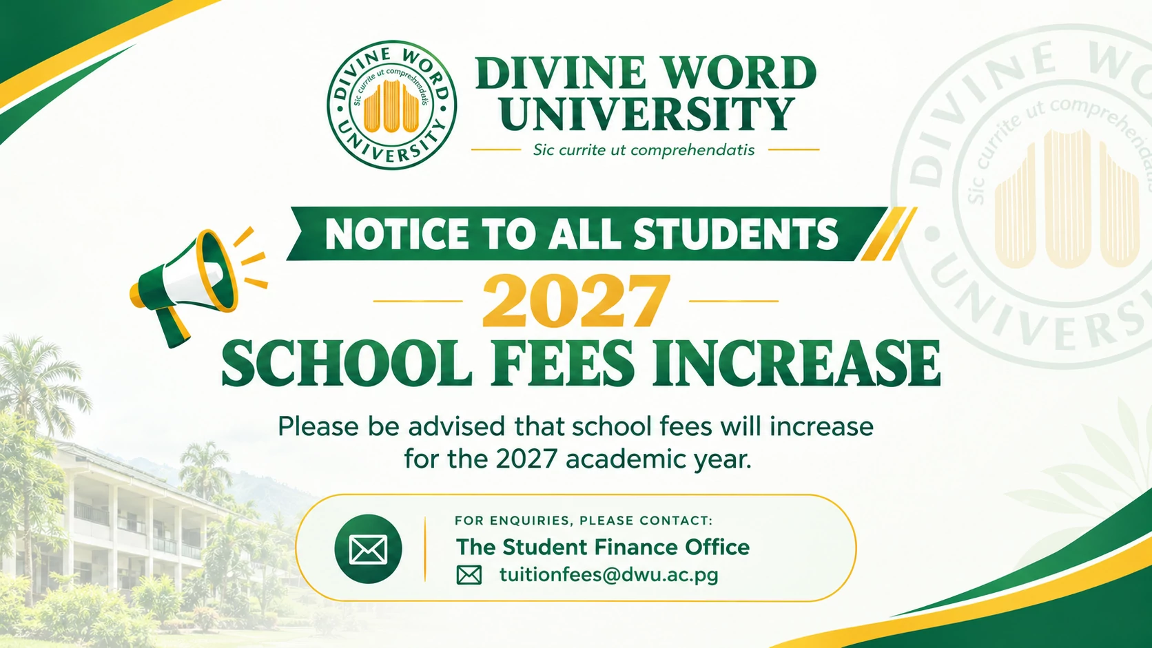 DWU Student Tuition Fees increase for 2027